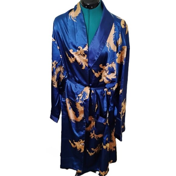 Men's Kimono Blue Robe Gold Dragon Print - Picture 3 of 10